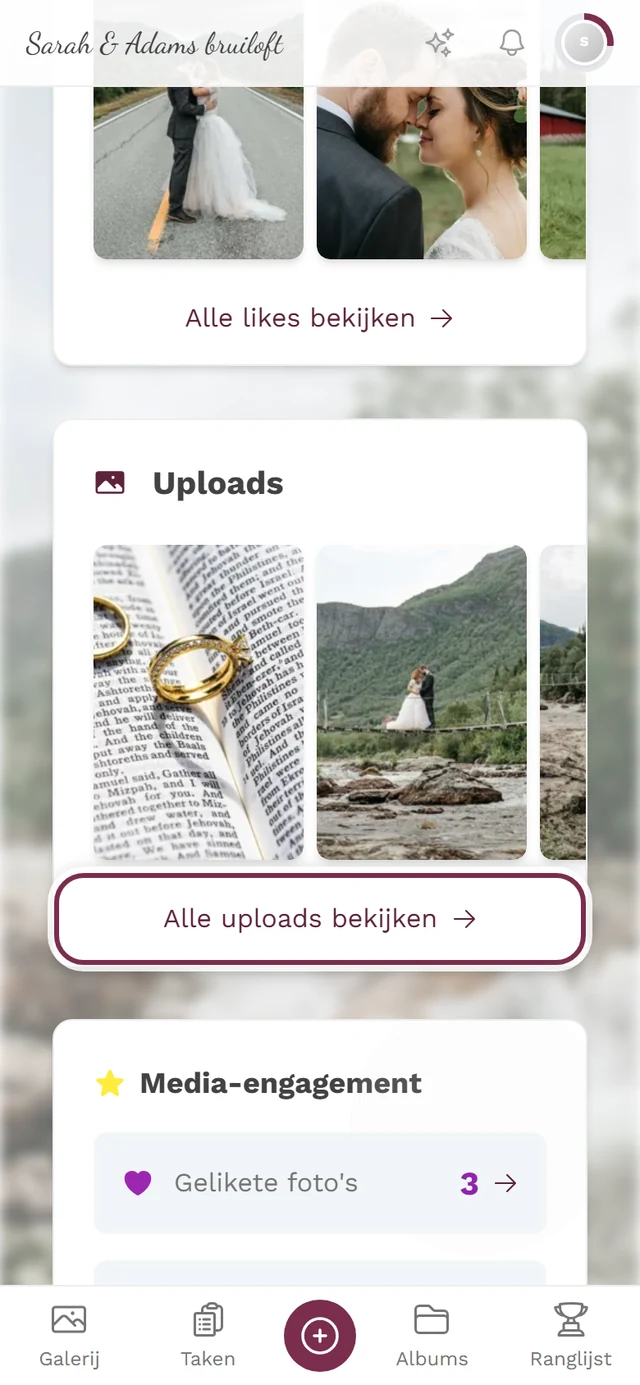 Profielpagina, gedeelte Uploads met gemarkeerde link Alle uploads bekijken