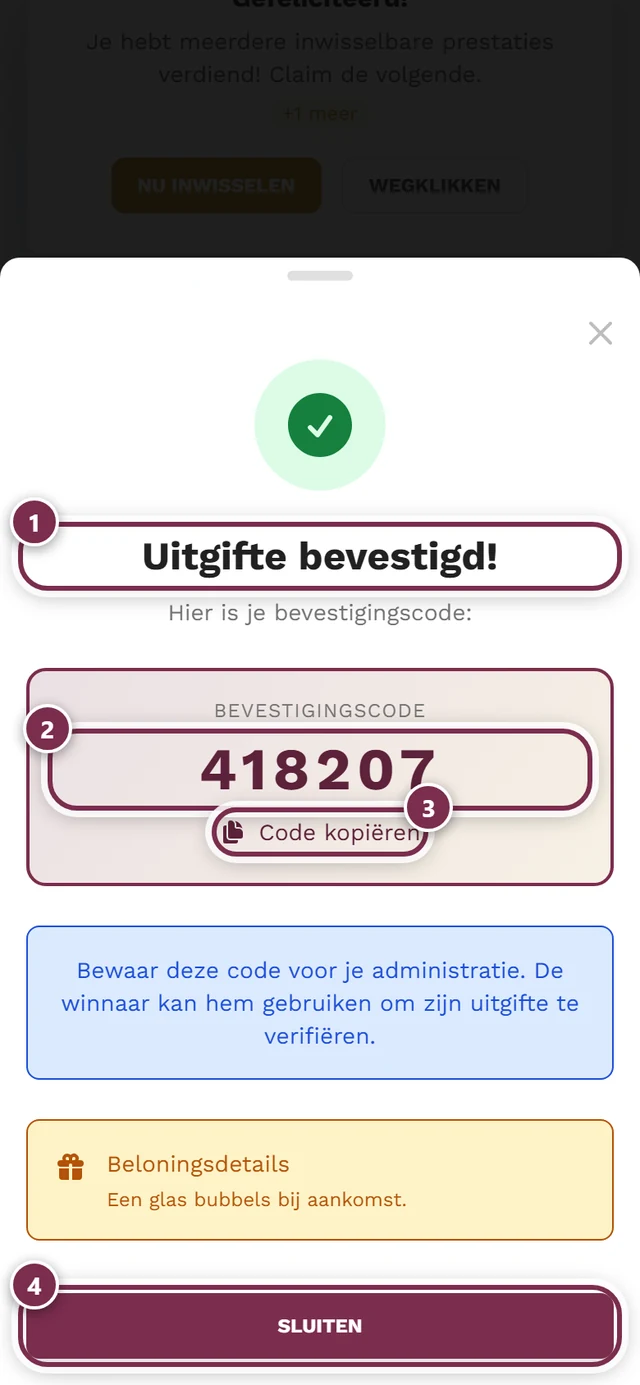 Succesdialoog met zescijferige bevestigingscode en vier markeringen