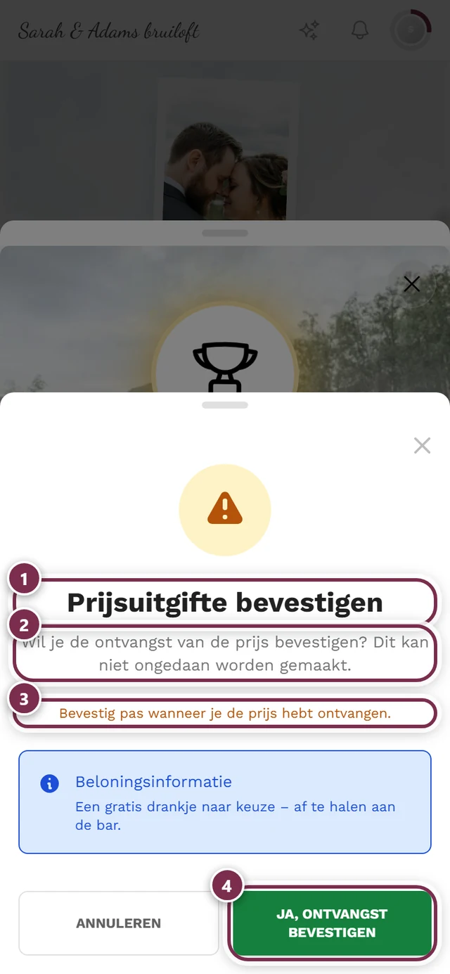 Waarschuwingsdialoog „Prijsuitgifte bevestigen” met vier markeringen