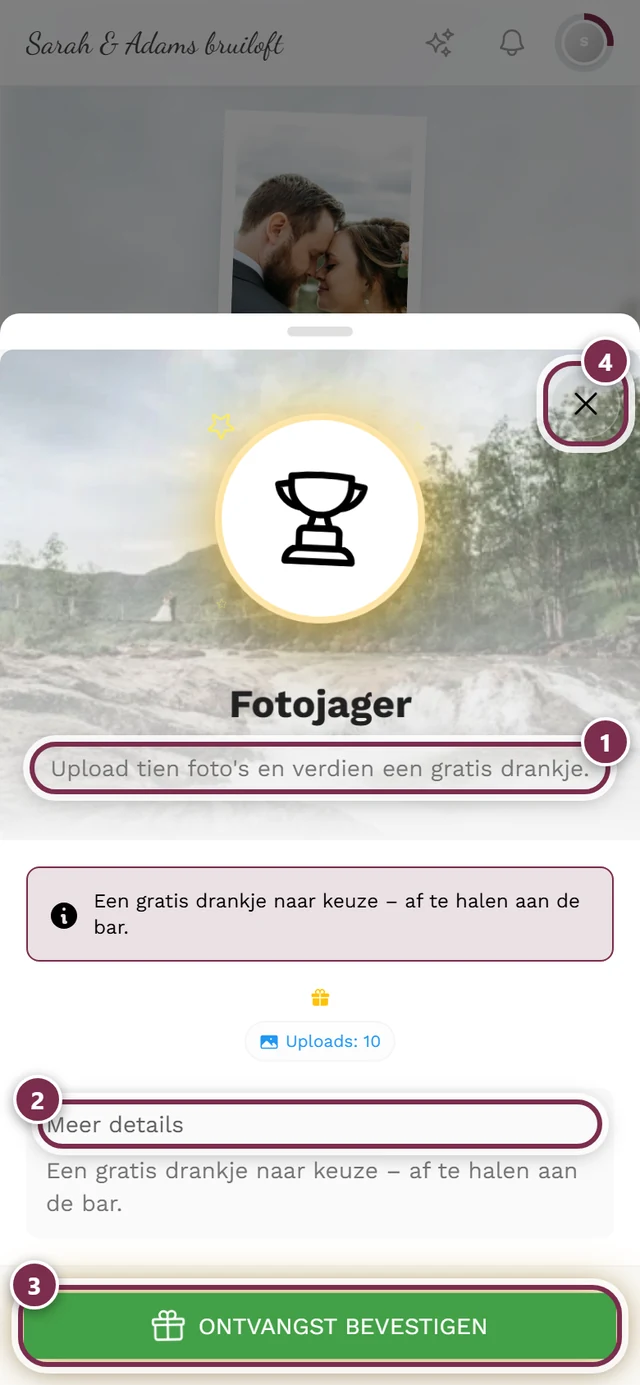Detaildialoog van de beloning met vier markeringen