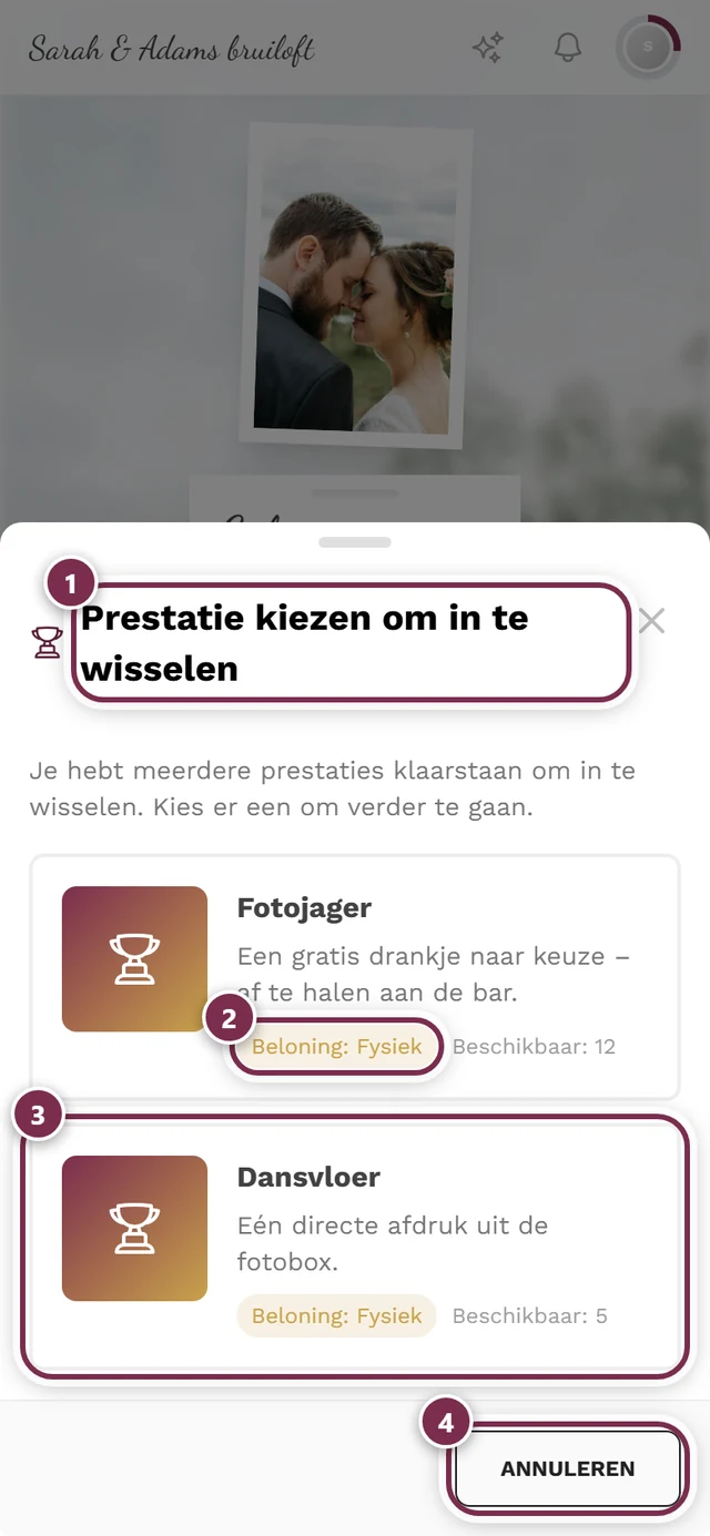 Keuzedialoog met twee beloningskaarten en vier markeringen