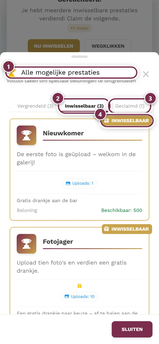 Prestatiedialoog met de tabbladen Alle, Ontgrendeld, Vergrendeld, Inwisselbaar en Geclaimd