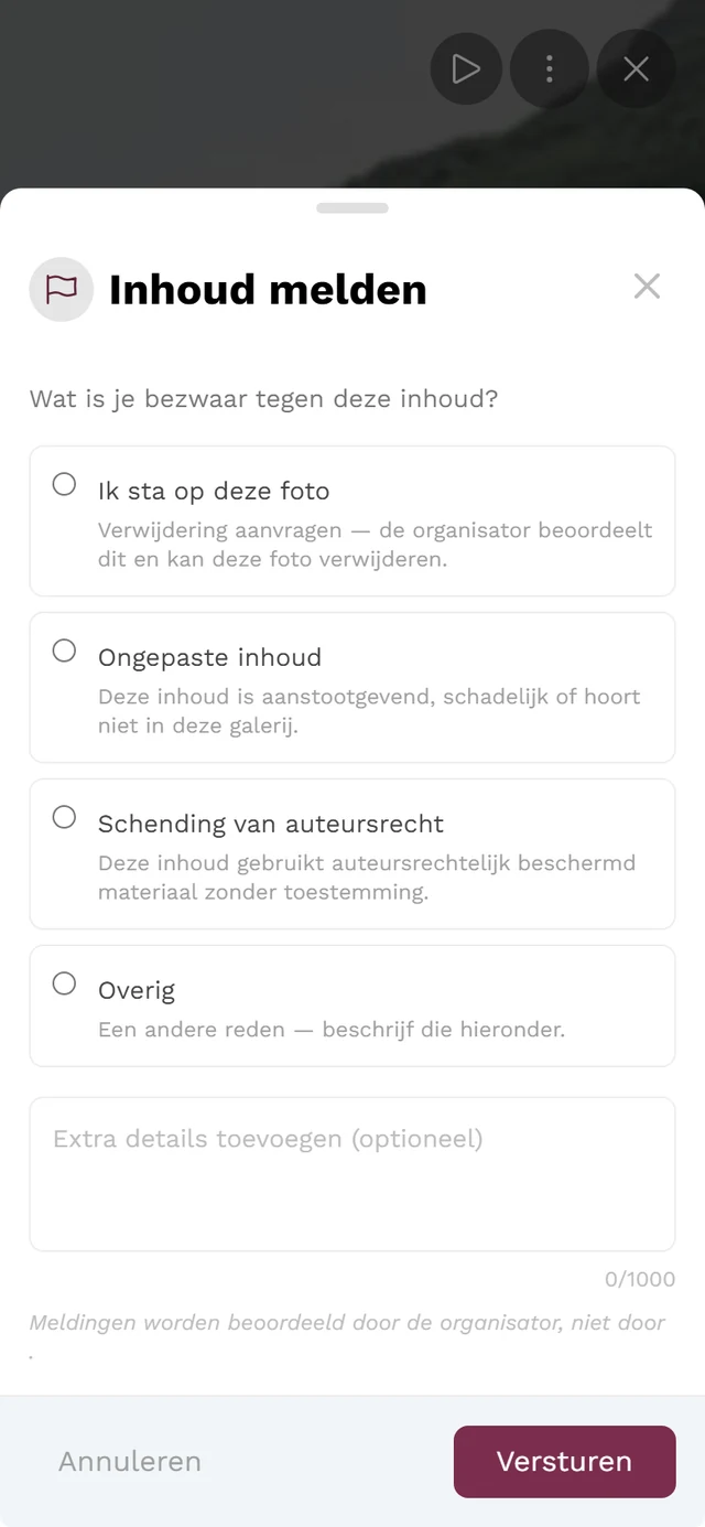 Meld-dialoogvenster met keuze van de redenen