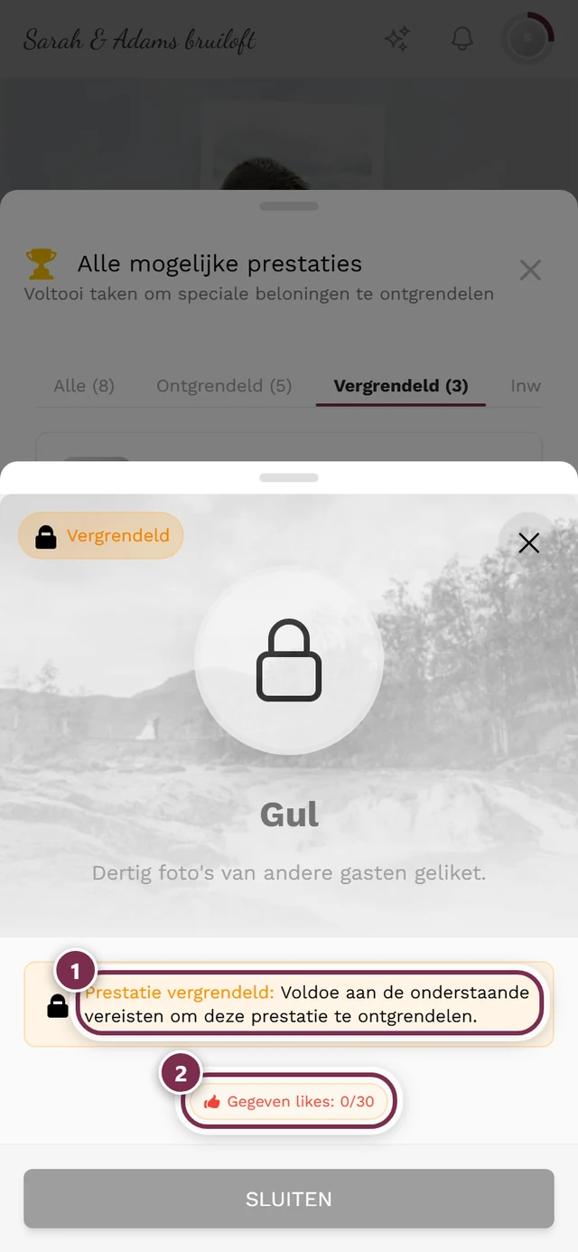 Dialoog van een vergrendelde prestatie met rood gemarkeerde infobox en rood gemarkeerde vereistenlijst