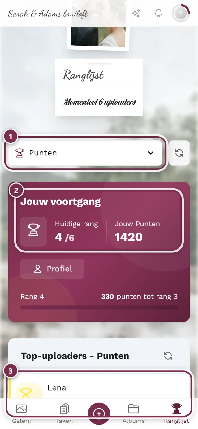 Ranglijst met drie markeringen: stand, eigen positie, plaats 1