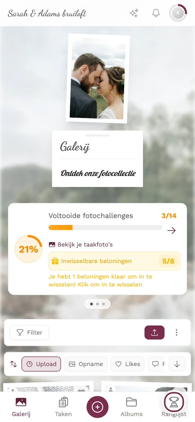 Galerij op de telefoon met rood gemarkeerd bekersymbool in de onderbalk