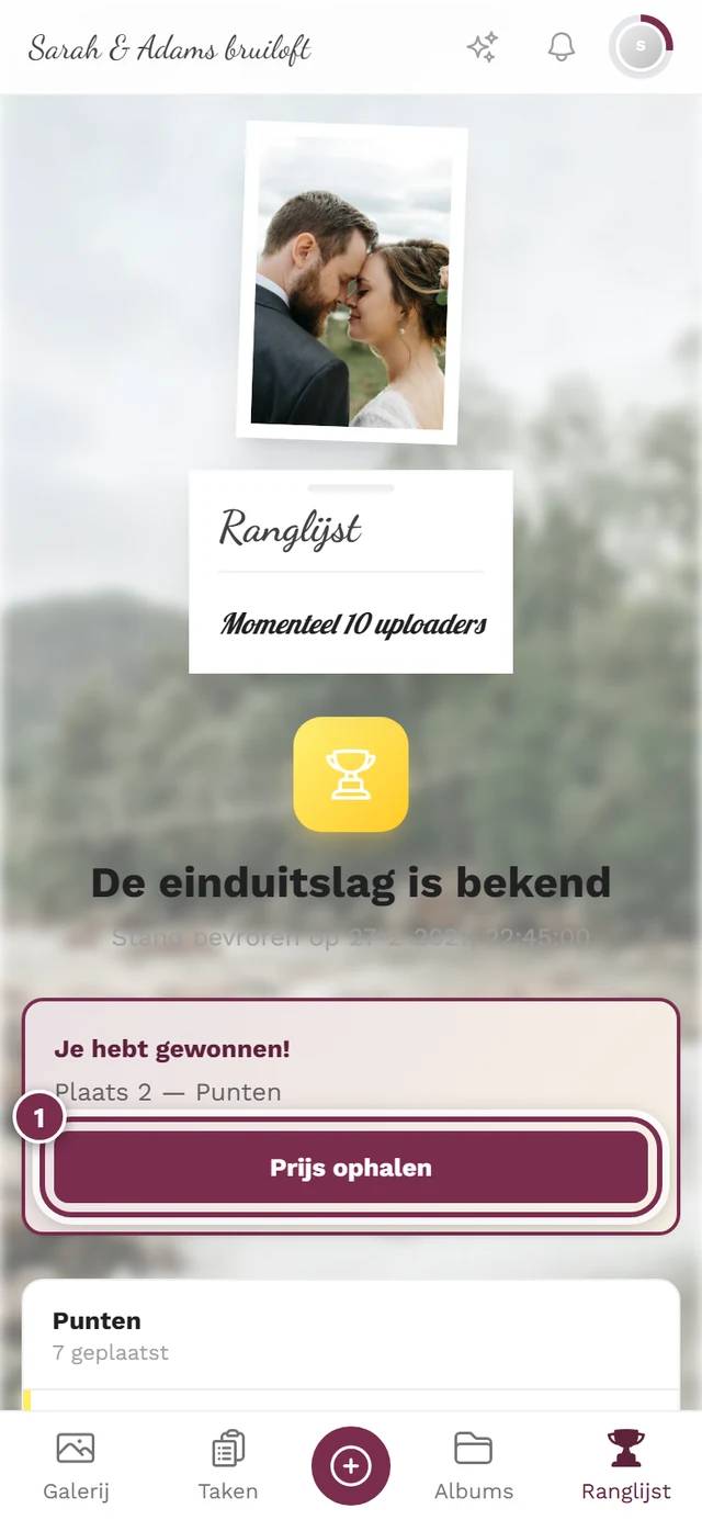 Kaart Je hebt gewonnen met de plaats en de knop Prijs ophalen