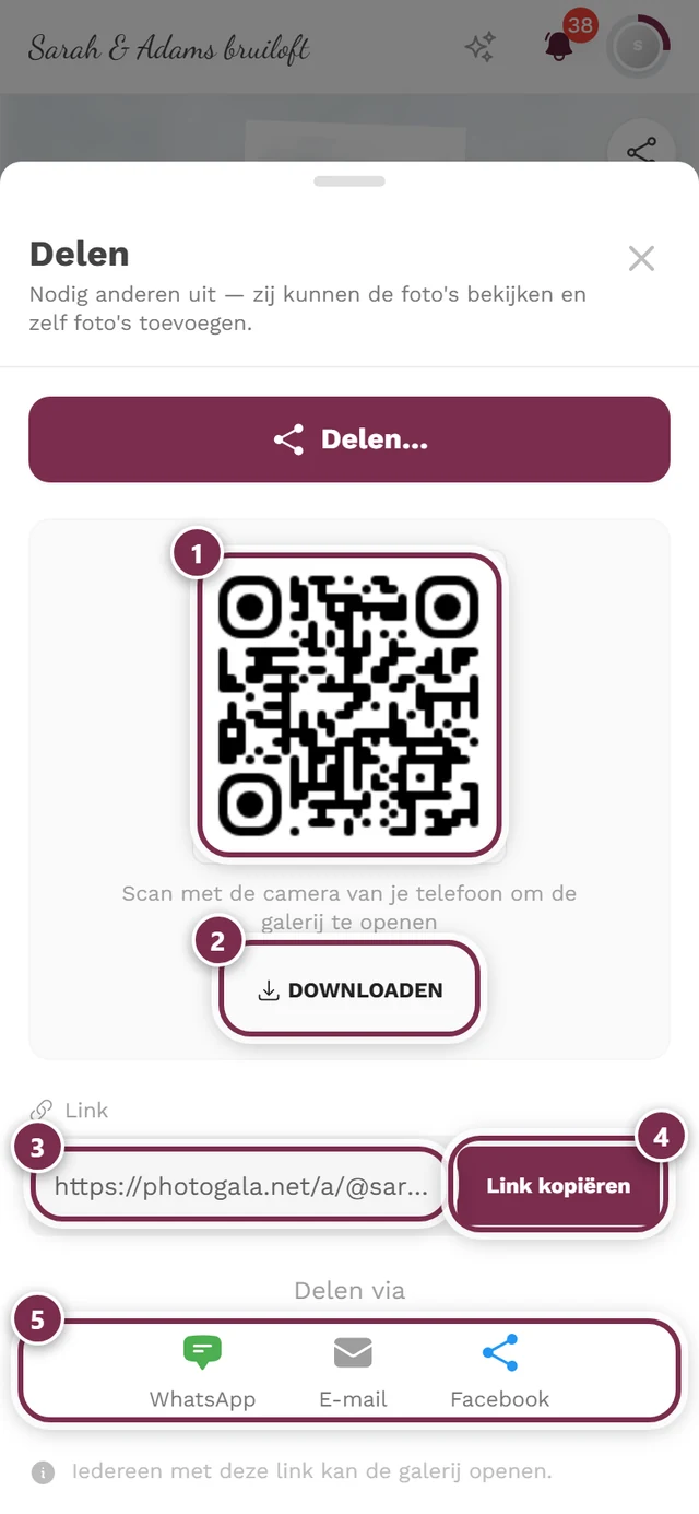 Deelvenster met QR-code, downloadknop, linkveld, link kopiëren en de directe knoppen