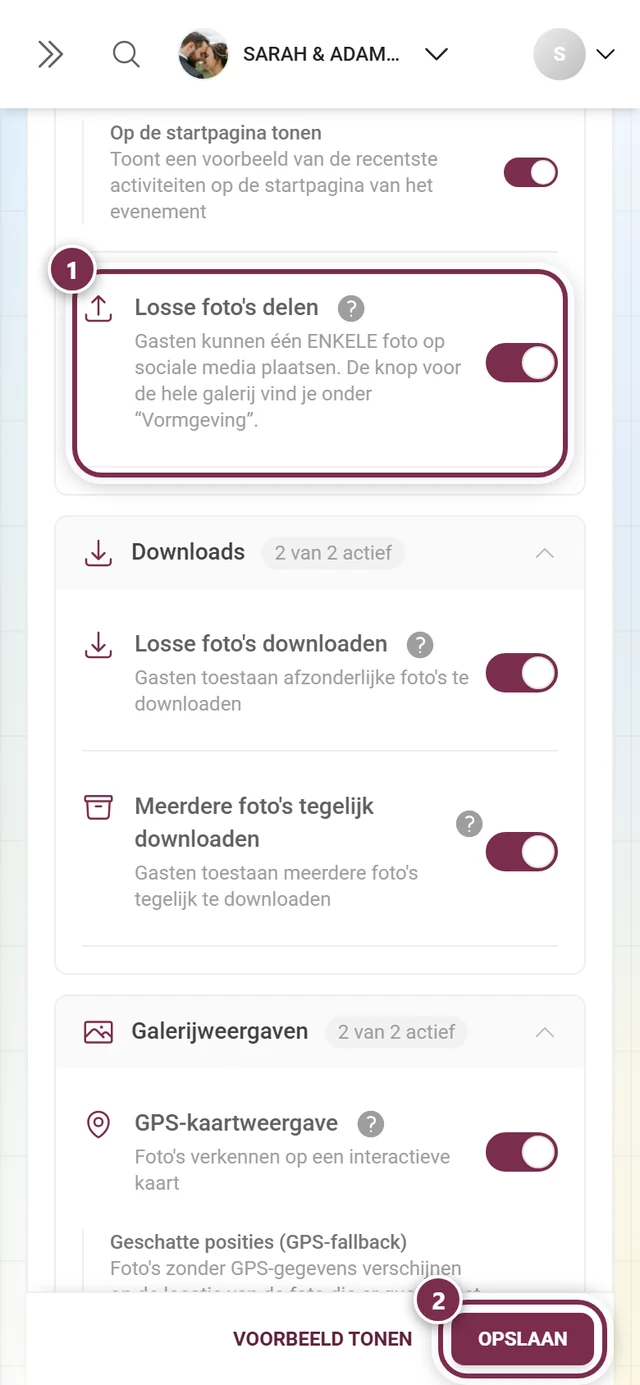 Tabblad Galerijfuncties met de uitgelichte schakelaar Losse foto's delen