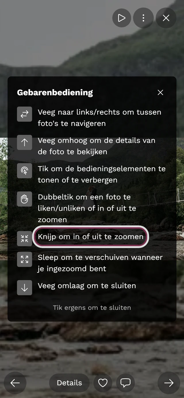 Ingeblendete gebarenbediening op volledig scherm, de regel voor samenknijpen is gemarkeerd