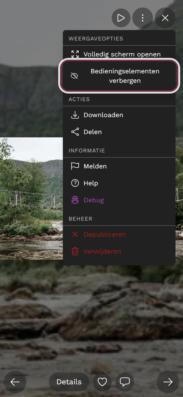 Geopend menu met drie puntjes van de volledig-scherm-weergave met het gemarkeerde item Bedieningselementen verbergen