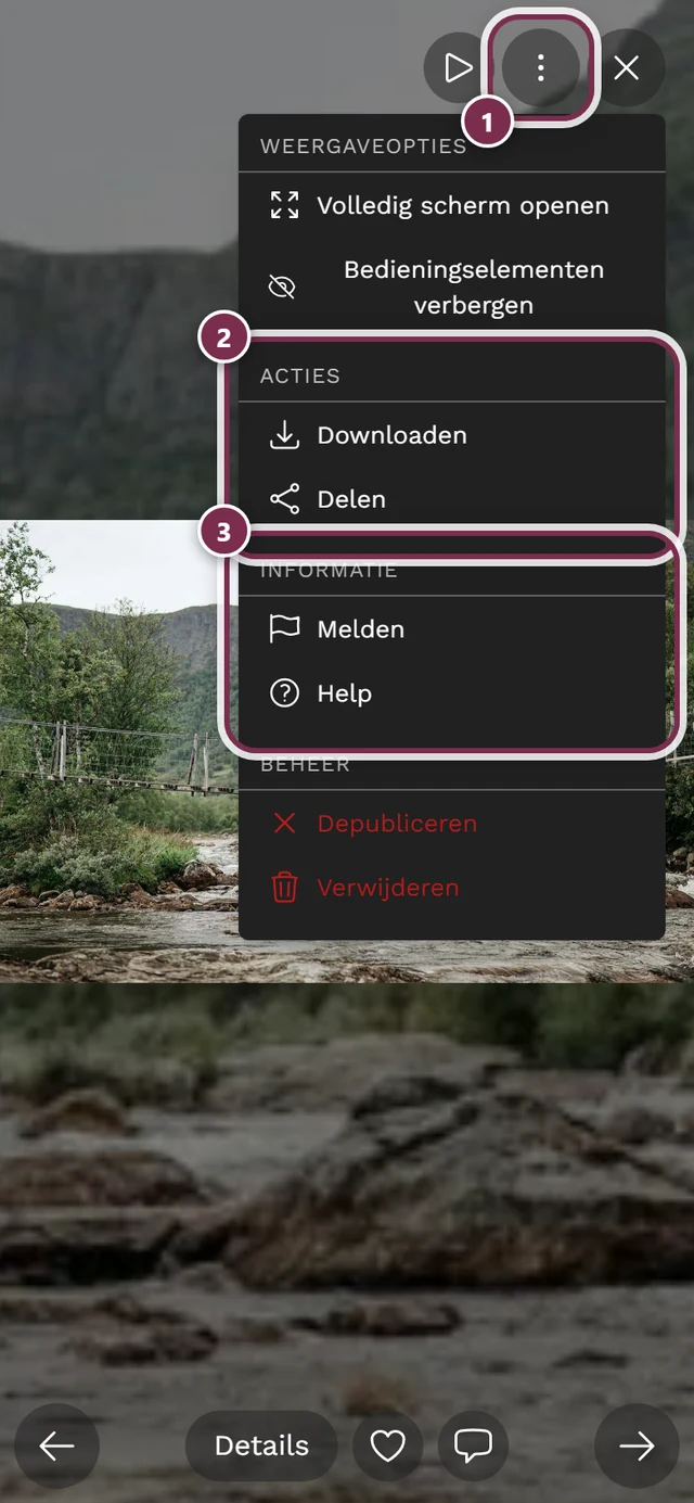 Geopend kebabmenu in volledig scherm met de onderdelen Acties en Informatie