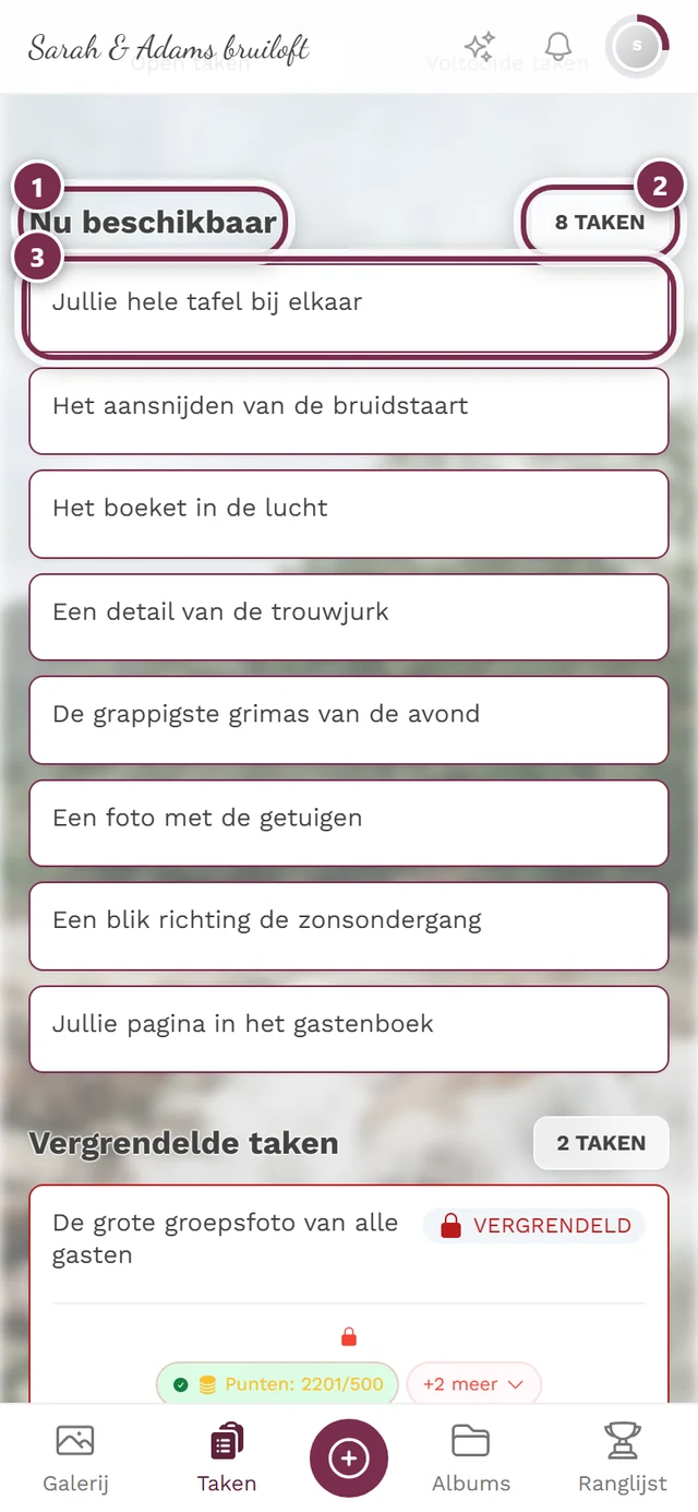 Sectie Nu beschikbaar met drie markeringen: kop, teller, eerste taakkaart