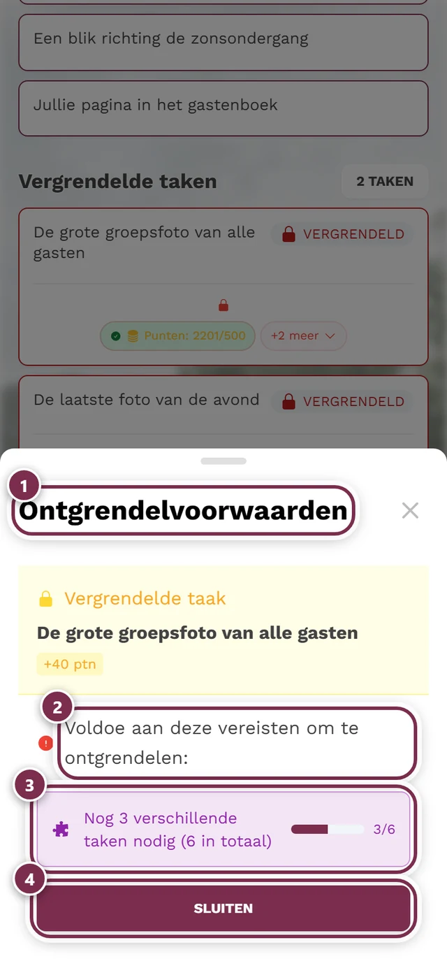 Venster Ontgrendelvoorwaarden met vier markeringen: titel, inleiding, eerste voorwaarde met voortgangsbalk, Sluiten-knop