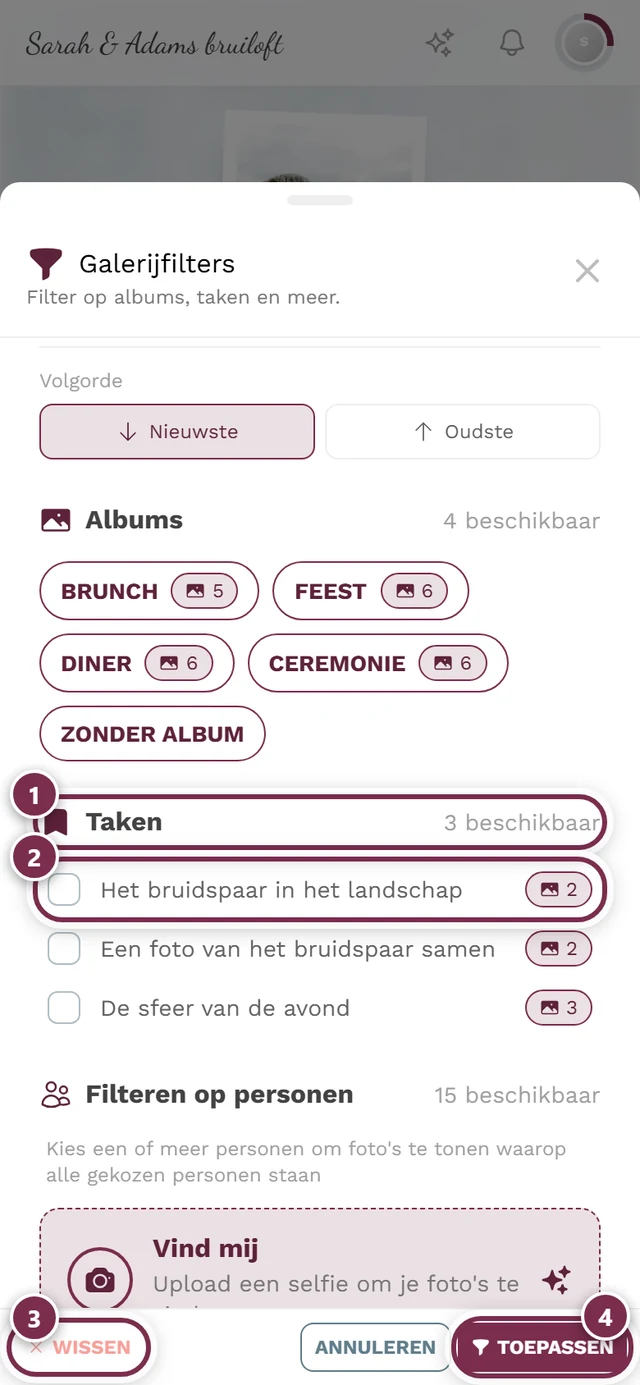 Venster Galerijfilters met vier markeringen: sectiekop Taken, eerste vakje, Wissen, Toepassen