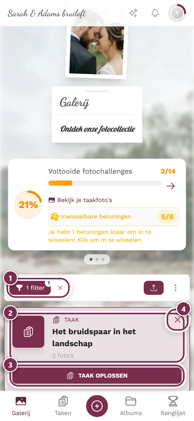 Galerij gefilterd op één taak met vier markeringen: filterchip, taakkop, knop Taak oplossen, kruisje om te verwijderen