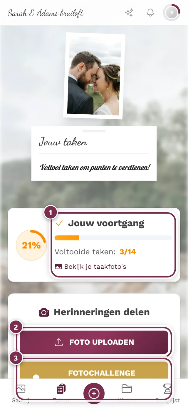 Takenpagina met drie markeringen: voortgang, foto uploaden, fotochallenge uitvoeren