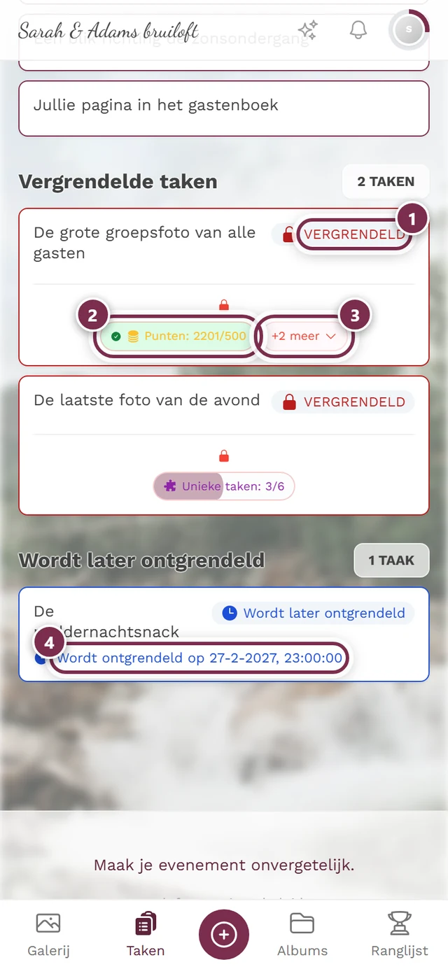 Onderdeel Vergrendelde taken met vier markeringen: regel Vereisten om te ontgrendelen, voorwaarde-chip, chip met overige voorwaarden, datumregel