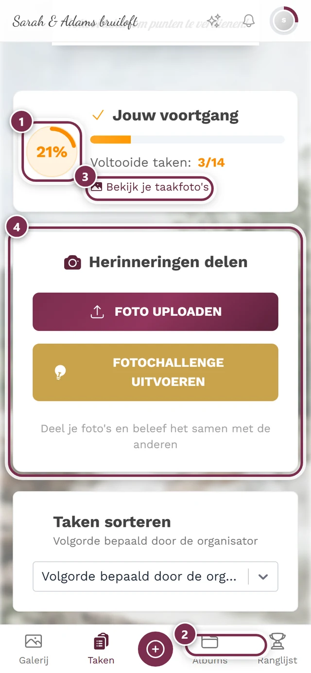 Bovenkant van de takenpagina met vier markeringen: voortgangsring, regel Voltooide taken, link, kaart Herinneringen delen