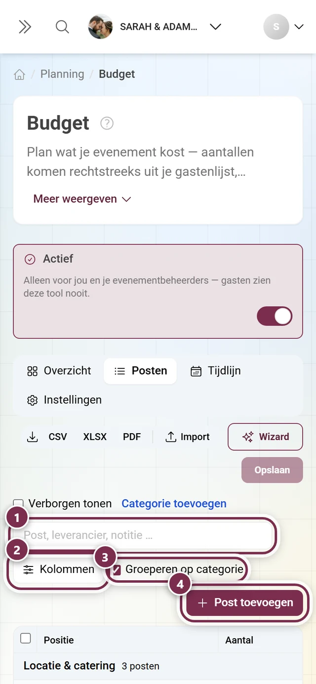 Werkbalk boven de postentabel met zoeken, kolommen, groeperen en post toevoegen