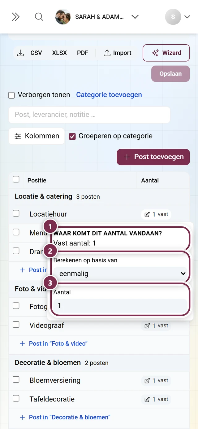 Opengeklapt aantal-menu met uitleg, keuze van de basis en het aantalveld