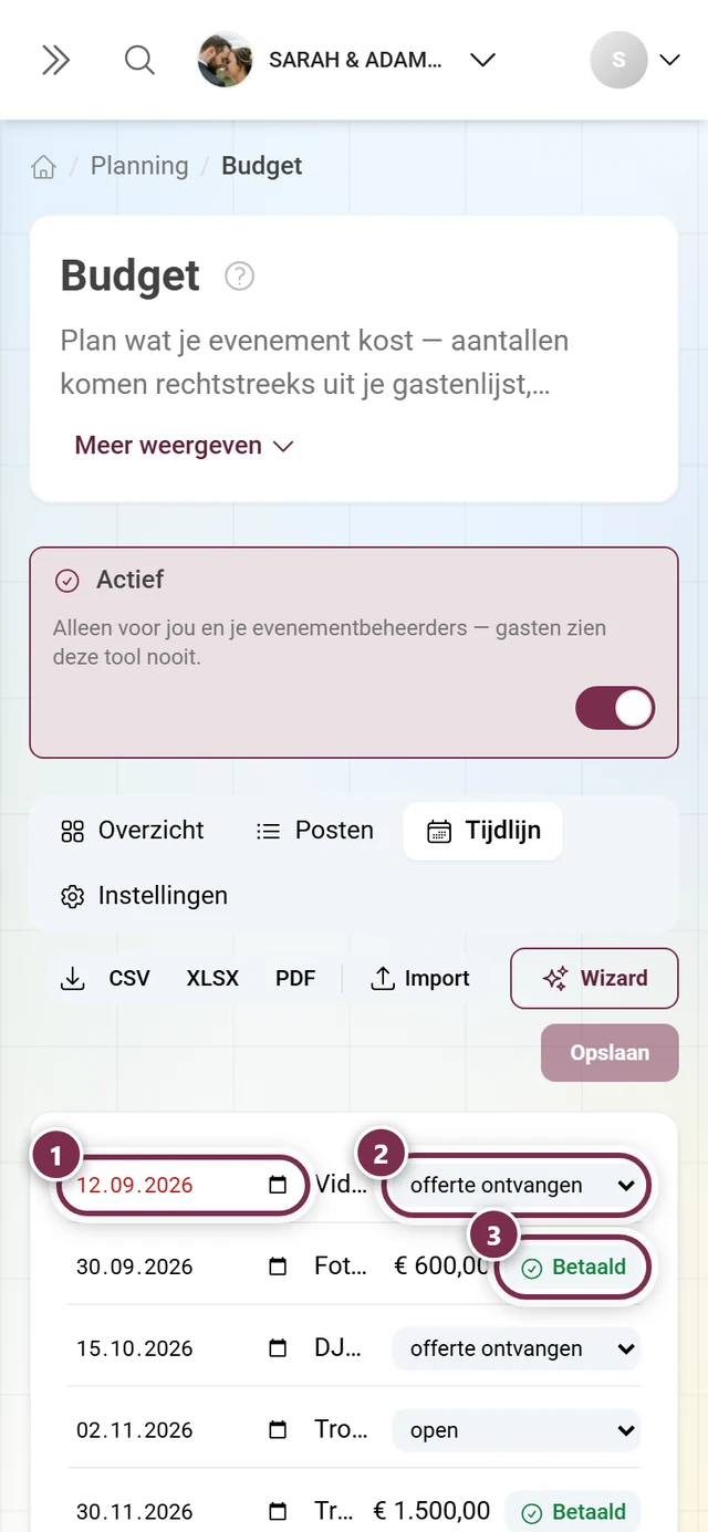 Tijdlijn met deadline, status van een boeking en de knop Betaald bij een termijn