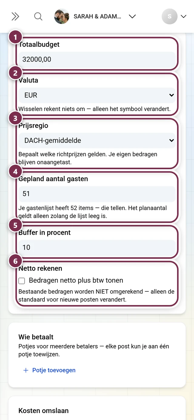 Instellingen van het budget met totaalbudget, valuta, prijsregio, aantal gasten, buffer en netto-schakelaar