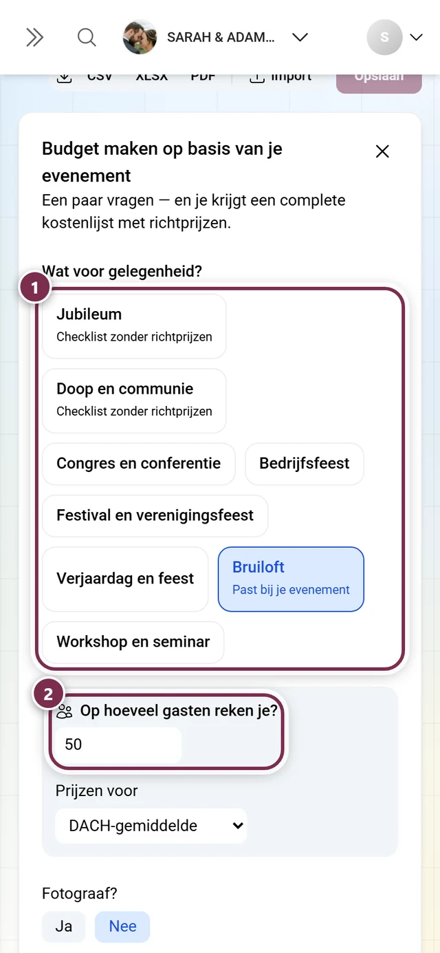 Wizard met de tegels voor het soort gelegenheid en de vraag naar het aantal gasten