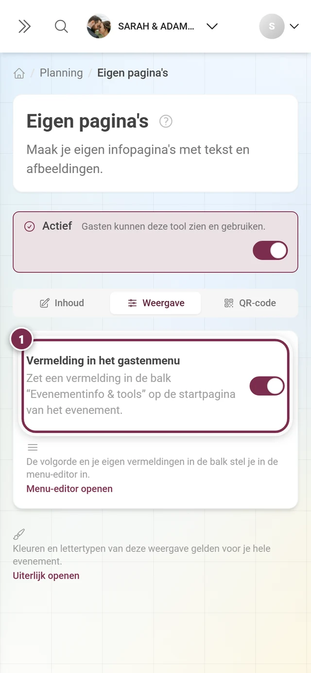 Tabblad Weergave van Eigen pagina's met de gemarkeerde schakelaar Vermelding in het gastenmenu
