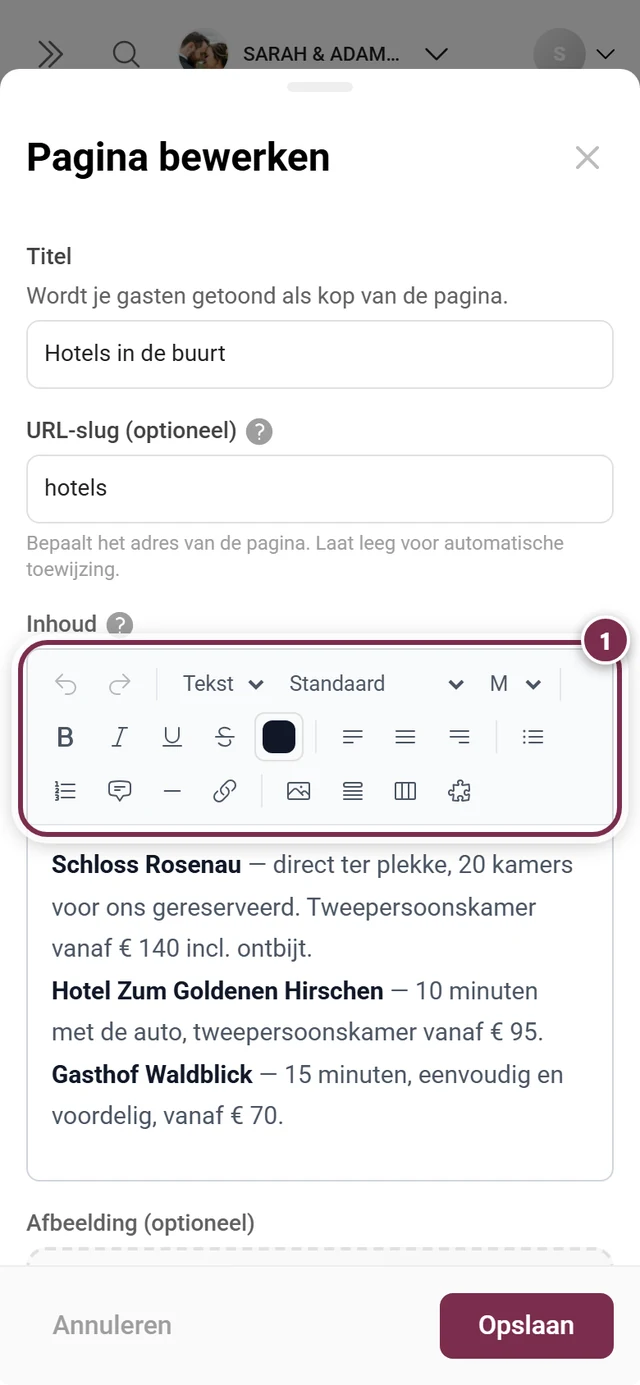 Paginavenster met gemarkeerde werkbalk van de rich-text-editor