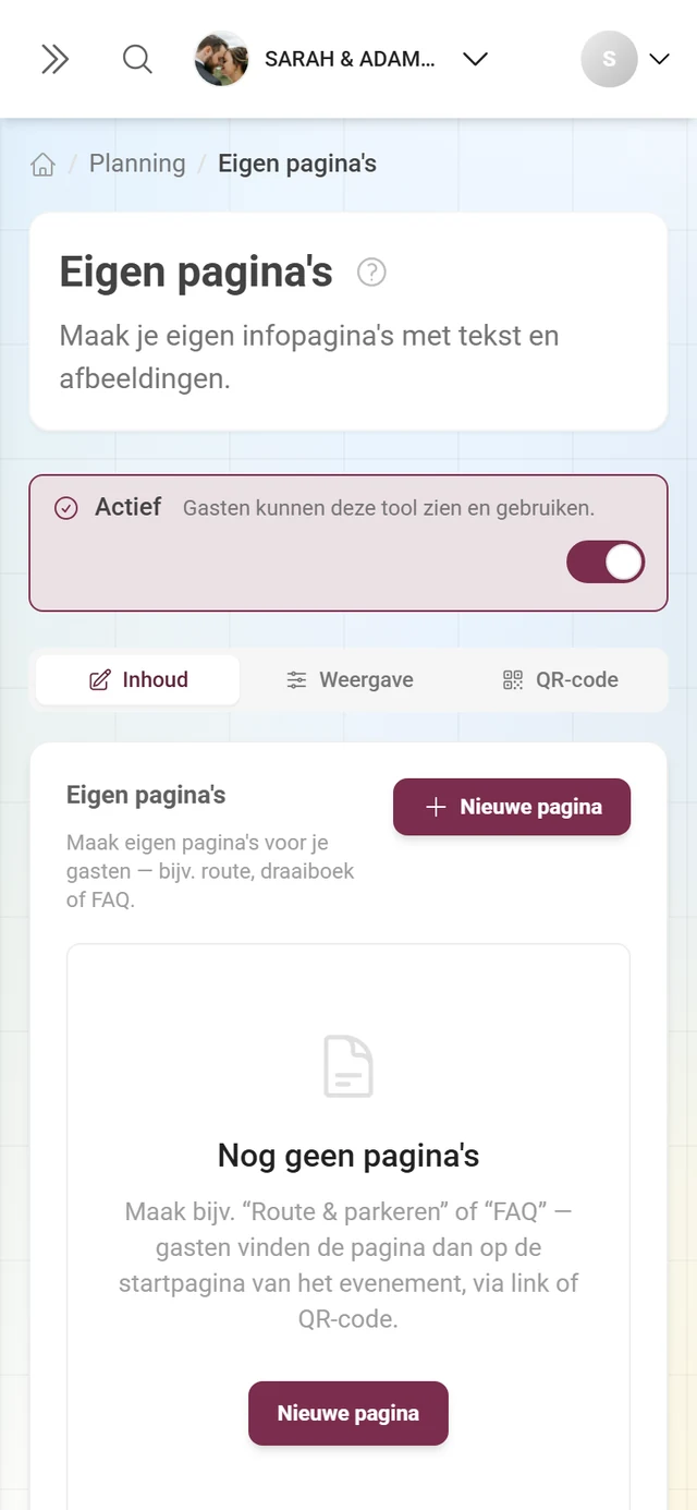 Lege staat van Eigen pagina's met de melding Nog geen pagina's en de knop Nieuwe pagina