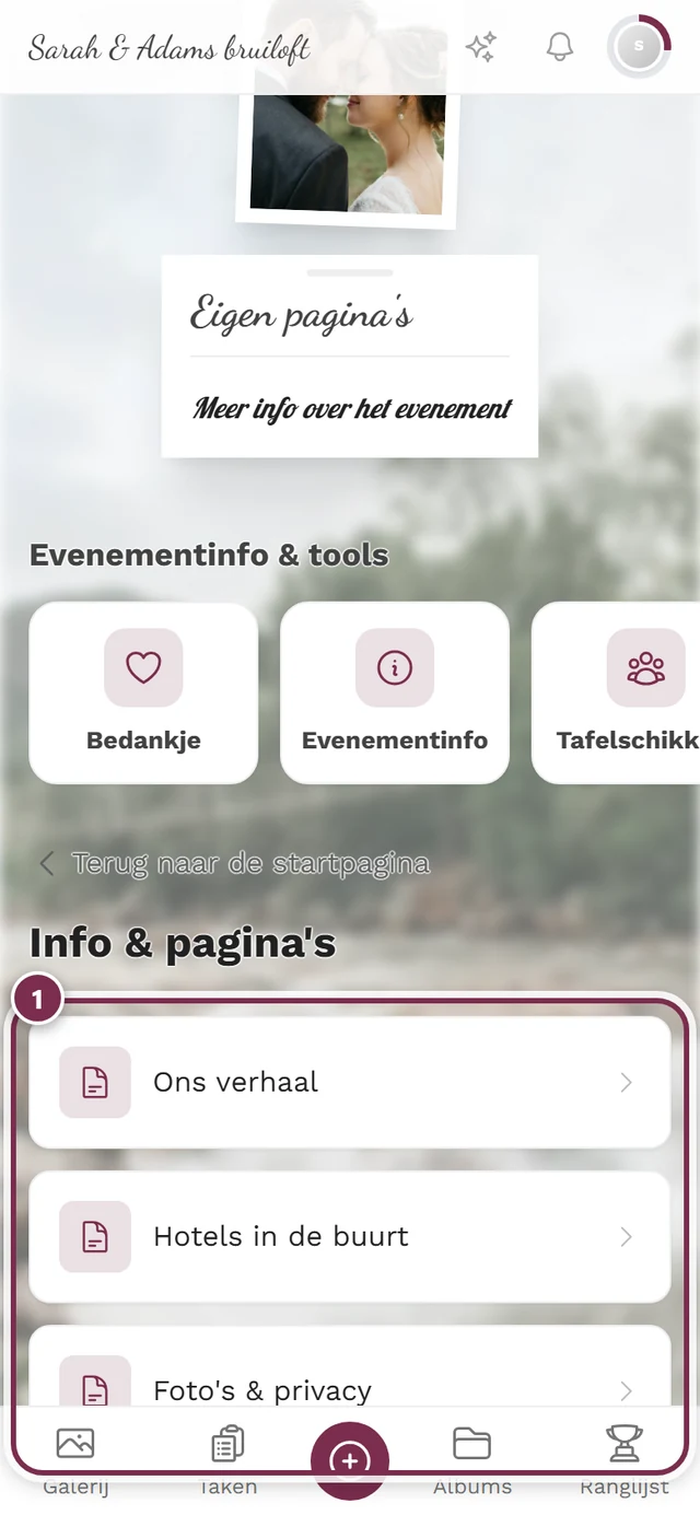 Verzamelpagina Info en pagina's in de gastenweergave met drie items