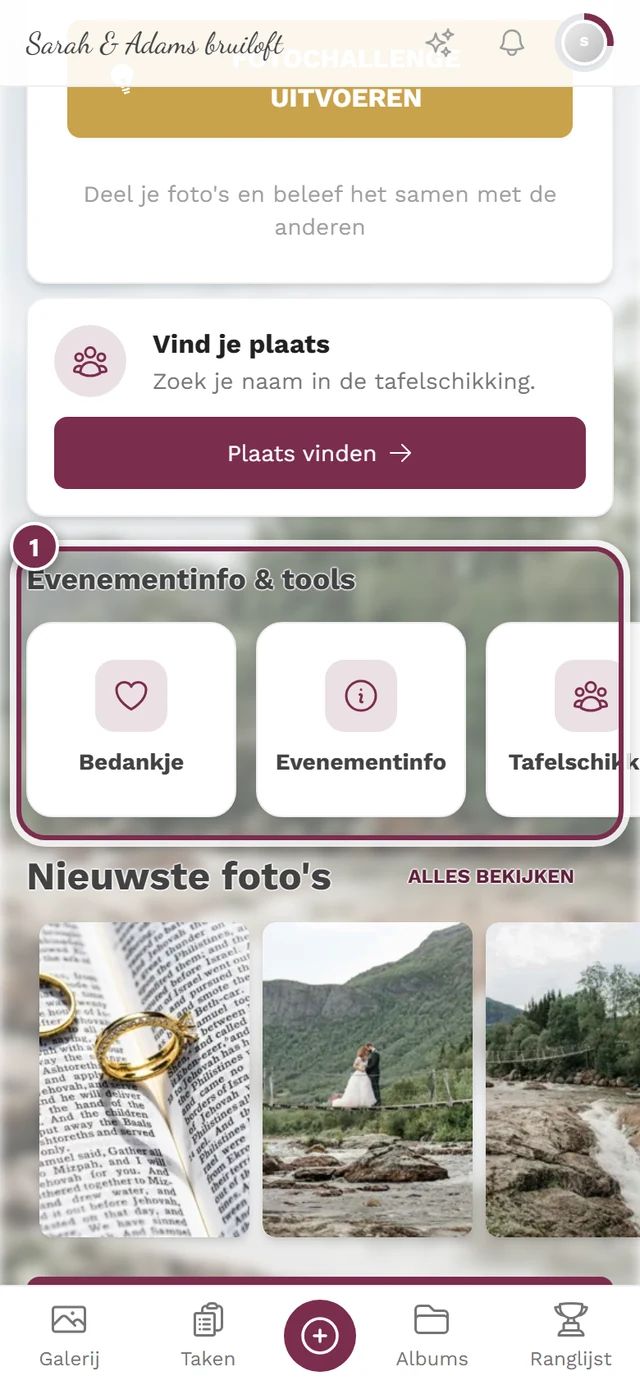 Balk Evenementinfo en tools op de startpagina van gasten met gemarkeerd kaartje van een eigen pagina