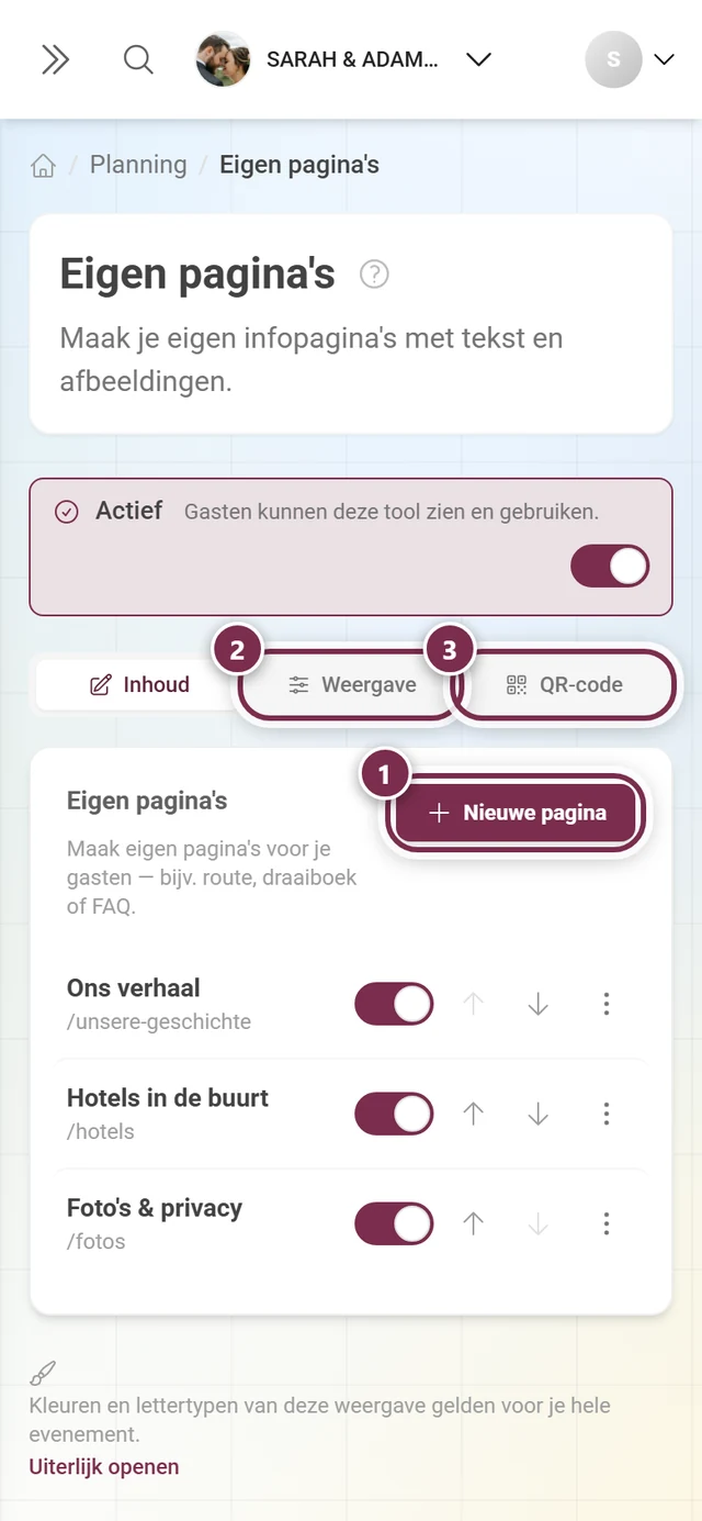 Kopgedeelte van Eigen pagina's met de gemarkeerde knop Nieuwe pagina en de tabbladen Weergave en QR-code