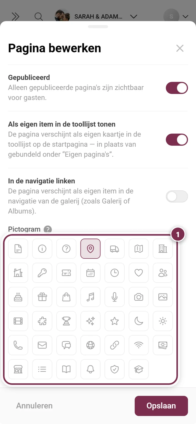 Iconselectie in het paginavenster met eenenveertig iconen, het kaarticoon is geselecteerd