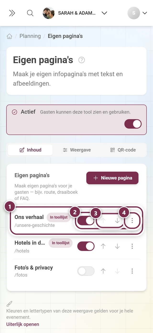 Lijst met drie eigen pagina's, gemarkeerd zijn een regel, de schakelaar Gepubliceerd, de pijlen en het driepuntsmenu