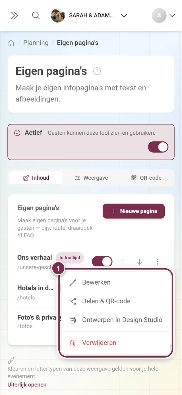 Geopend driepuntsmenu van een pagina met vier items
