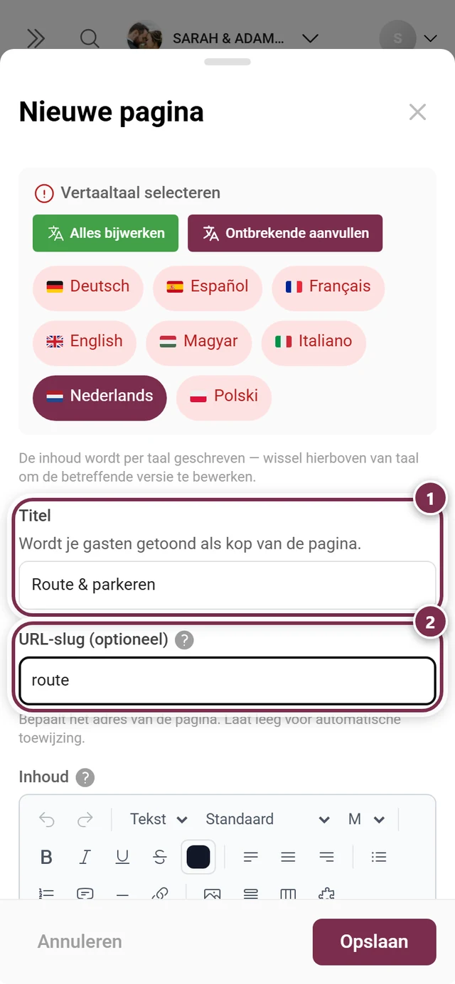 Venster Nieuwe pagina met ingevulde titel Route en parkeren en de URL-slug route