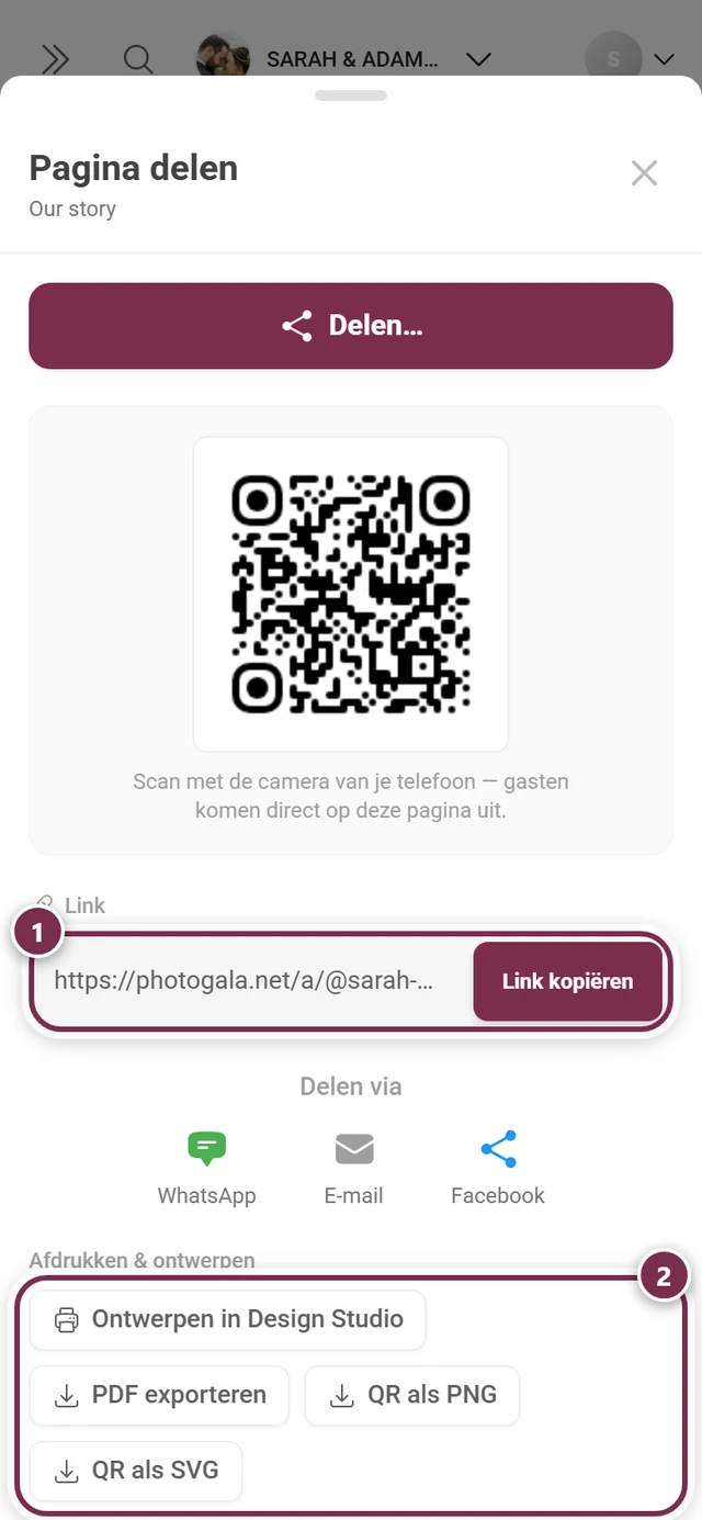 Deelvenster van een eigen pagina met gemarkeerde linkregel en de vier print- en ontwerpknoppen