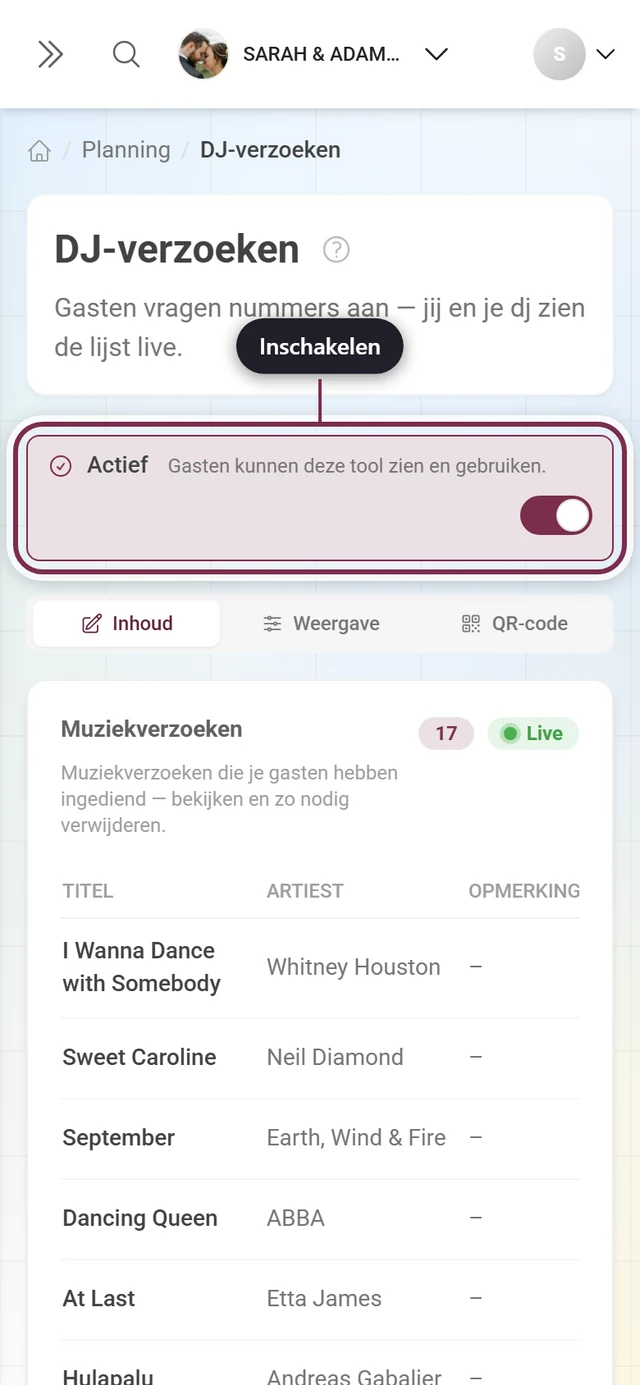 DJ-verzoeken-editor met gemarkeerde hoofdschakelaar