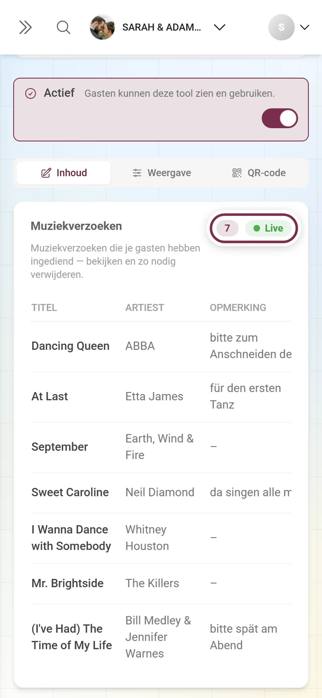 Kop Muziekverzoeken met gemarkeerd totaal aantal en Live-chip