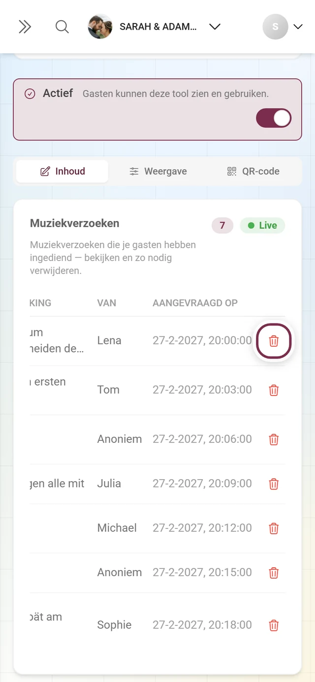 Verzoekenlijst met gemarkeerde prullenbak aan het einde van de eerste rij
