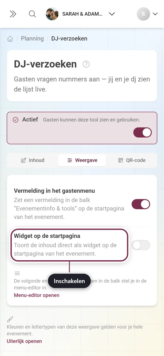 Tabblad Weergave van de DJ-verzoeken met gemarkeerde widgetschakelaar