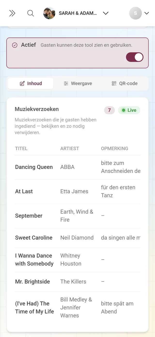 Tabel van de muziekverzoeken bij de gastheer met titel, artiest en afzender