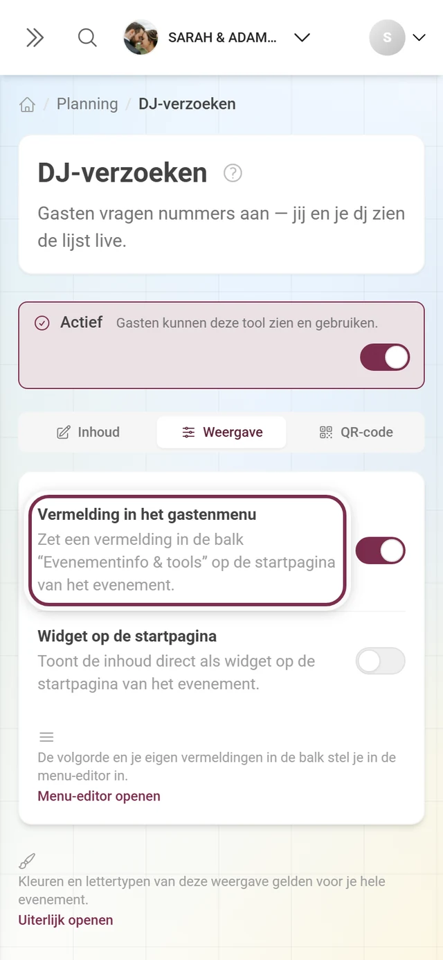Tabblad Weergave van de DJ-verzoeken met gemarkeerde schakelaar Vermelding in het gastenmenu