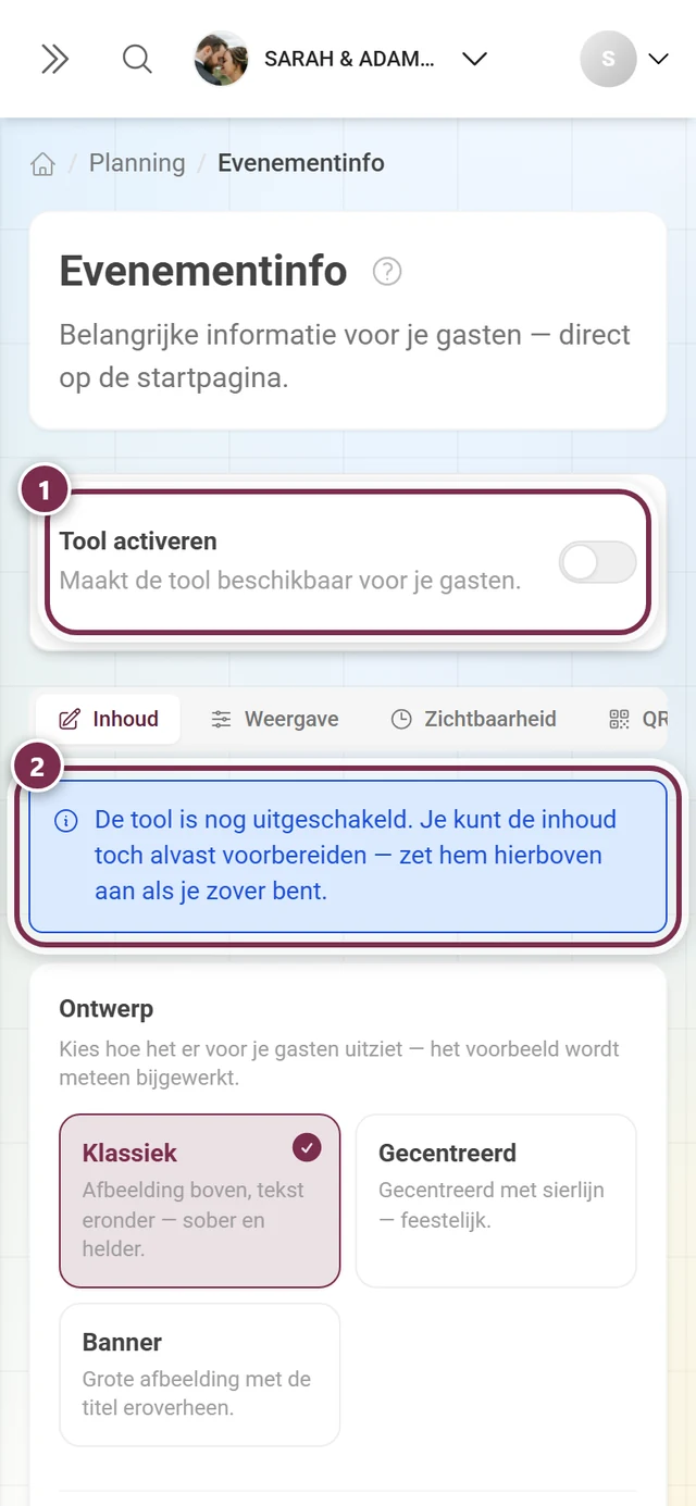 Evenementinfo-pagina met uitgeschakelde tool-schakelaar en blauwe melding daaronder