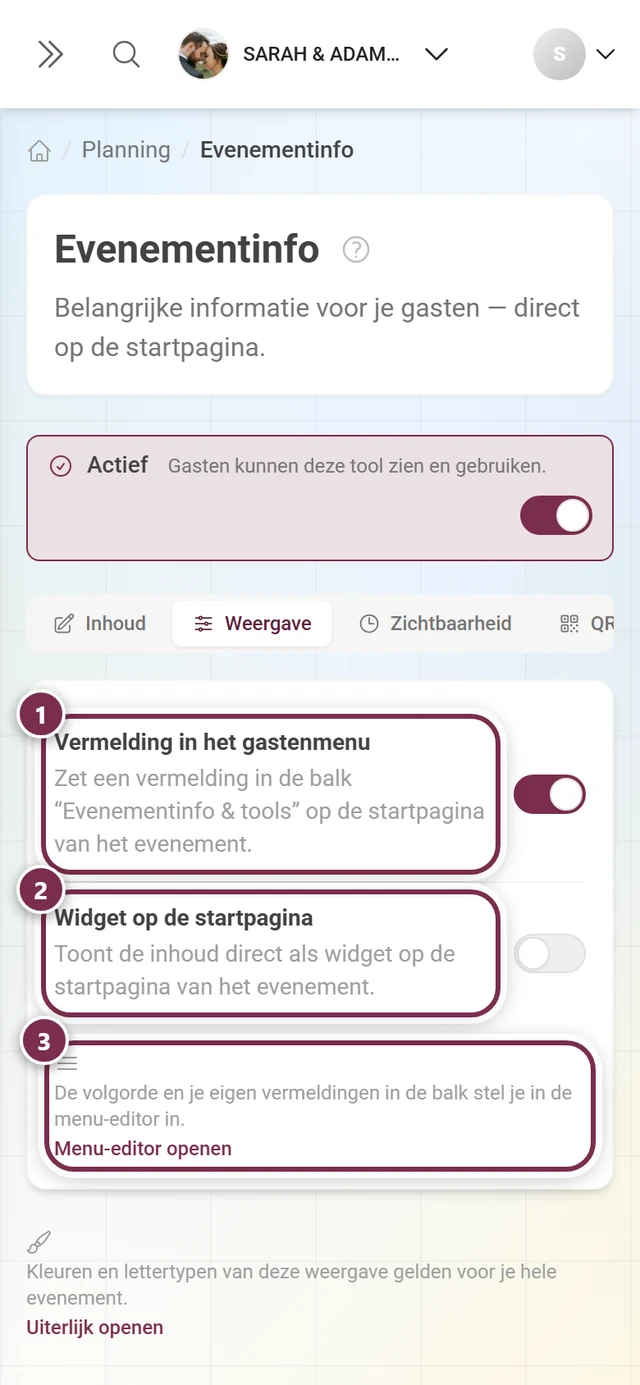 Tabblad Weergave met de schakelaars voor het gastenmenu-item en de startpaginawidget