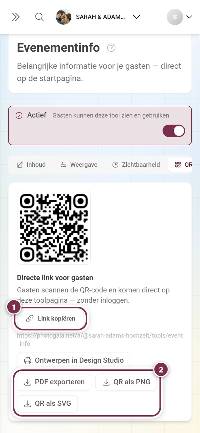 Tabblad QR-code met de code, de knop Link kopiëren en de exportknoppen