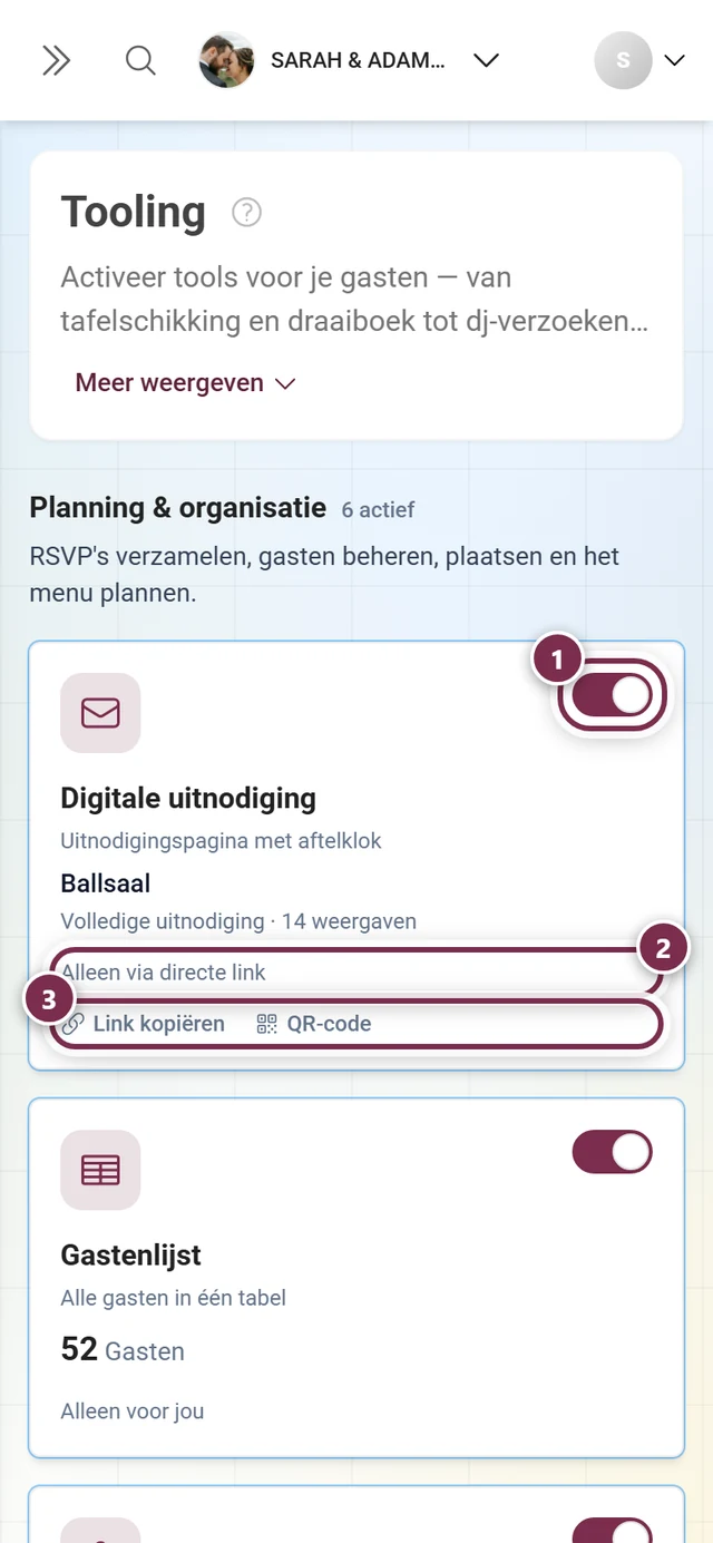 Het tooling-raster met tegels voor alle tools, gegroepeerd in drie categorieën