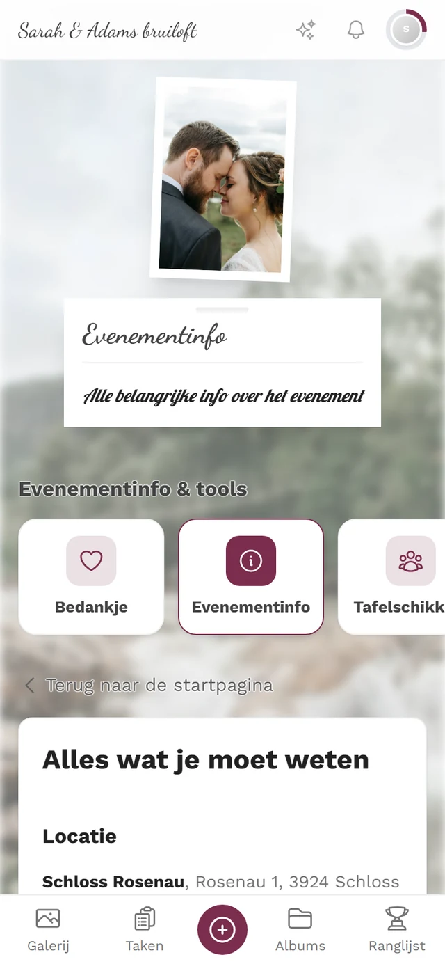 Toolpagina Evenementinfo vanuit gastperspectief met secties over locatie, route en parkeren